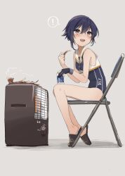Rule 34 | !, 1girl, asymmetrical hair, black hair, breasts, brown eyes, chair, commentary request, flippers, folding chair, food, hair between eyes, heater, holding, i-14 (kancolle), kantai collection, kerosene heater, looking at viewer, one-piece swimsuit, one cup, open mouth, sailor collar, school swimsuit, short hair, single serve sake, sitting, small breasts, smile, solo, spoken exclamation mark, squid, swimsuit, yamashichi (mtseven)