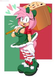 Rule 34 | 1girl, absurdres, amy rose, blush, boots, bow, breasts, christmas, fur trim, gloves, green bow, green eyes, hammer, heart, hedgehog, highres, jinu (jinusenpai), large breasts, looking at viewer, motion lines, open mouth, overall skirt, skirt, smile, solo, sonic (series), striped clothes, striped thighhighs, tail, thick thighs, thighhighs, thighs, underwear, white gloves