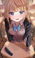 Rule 34 | 1girl, @ @, aoba miu, bandaid, bandaid on hand, black jacket, blazer, blonde hair, blue bow, blue bowtie, blue eyes, blue nails, blurry, blurry background, blush, bow, bowtie, breasts, brown cardigan, cardigan, chair, chigusa minori, classroom, collared shirt, commentary request, desk, dress shirt, flustered, grey skirt, hand on table, highres, indoors, jacket, kokoro iroduku koi ga shitai, legwear garter, long hair, long sleeves, looking at viewer, medium breasts, nail polish, open clothes, open jacket, open mouth, plaid, plaid bow, plaid bowtie, pleated skirt, school chair, school desk, school uniform, shirt, sidelocks, single hair ring, skirt, sleeves past wrists, solo, standing, sweatdrop, tearing up, tears, translated, white shirt
