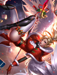Rule 34 | 1girl, backlighting, belt, belt buckle, black footwear, black gloves, blonde hair, blue eyes, boots, bow, bowtie, box, breasts, buckle, capelet, christmas, commentary, dress, elbow gloves, falling, feathered wings, fur trim, gift, gift box, gloves, hair over one eye, halo, high ponytail, highres, holding, holding staff, knee boots, liang xing, lips, looking at viewer, mechanical halo, medium breasts, mercy (overwatch), nose, outdoors, overwatch, overwatch 1, parted lips, pelvic curtain, pink lips, red dress, red gloves, santa costume, smile, solo, spread wings, staff, thighhighs, watermark, web address, white thighhighs, white wings, wings