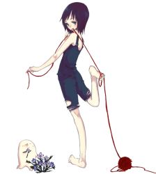 Rule 34 | 1girl, bare shoulders, barefoot, black hair, flower, from behind, full body, green eyes, leg up, looking at viewer, looking back, mouth hold, original, overall shorts, overalls, short hair, smile, solo, standing, standing on one leg, torn clothes, yarn, yarn ball