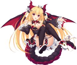 Rule 34 | 1girl, blonde hair, breasts, cleavage, detached sleeves, dragon girl, dragon horns, dragon tail, dragon wings, drapri guu-ta-life, full body, haru (drapri guu-ta-life), horns, large breasts, long hair, official art, open mouth, outstretched arm, red eyes, ribbon, solo, tail, tail ornament, tail ribbon, takano yuki (allegro mistic), thighhighs, transparent background, very long hair, wings