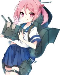 Rule 34 | 10s, 1girl, :&lt;, absurdres, anchor, blush, rabbit, cannon, hair bobbles, hair ornament, highres, holding, holding weapon, kantai collection, kida mochi, kidamochi, looking at viewer, machinery, pink eyes, pink hair, pleated skirt, sazanami (kancolle), school uniform, serafuku, short sleeves, simple background, skirt, smile, solo, tongue, tongue out, turret, twintails, weapon, white background