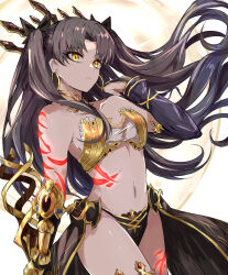 Rule 34 | 1girl, bikini, black hair, black sleeves, breasts, commentary request, detached sleeves, earrings, fate/grand order, fate (series), floating hair, glowing tattoo, gold trim, highres, hoop earrings, ishtar (fate), jewelry, long hair, looking away, mismatched bikini, navel, parted bangs, small breasts, sodamachi, solo, stomach, swimsuit, tattoo, two side up, very long hair, yellow eyes