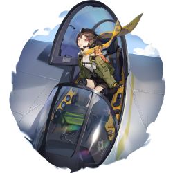 Rule 34 | 1girl, :d, aircraft, airplane, animal, animal on shoulder, blouse, breasts, brown hair, brown shorts, cockpit, earhart (neural cloud), fingerless gloves, flying, fox, full body, game cg, girls&#039; frontline, girls&#039; frontline neural cloud, gloves, green jacket, headset, highres, jacket, kneehighs, kneepits, looking at viewer, official art, open clothes, open cockpit, open jacket, open mouth, red eyes, scarf, shirt, short hair, shorts, sitting, sky, small breasts, smile, socks, solo, transparent background, white shirt, yellow scarf