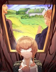 Rule 34 | 1girl, 2boys, :d, ^ ^, beard, blue jacket, braid, brown background, brown hair, brown jacket, closed eyes, crown braid, faceless, faceless male, facial hair, facing back, facing viewer, fate/grand order, fate (series), grass, hair between eyes, hand up, highres, holding, house, house tag denim, jacket, multiple boys, mustache, open mouth, painting (object), parted lips, shirt, short hair, siblings, side braid, smile, teeth, theodorus van gogh (fate), upper body, van gogh (fate), vincent van gogh (person), vincent van gogh (style), white shirt