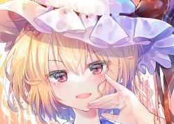 Rule 34 | 1girl, artist request, blonde hair, blush, bow, commentary request, flandre scarlet, hair between eyes, hair bow, hand up, hat, hat ribbon, head tilt, highres, looking at viewer, mob cap, one side up, open mouth, portrait, purple eyes, red bow, red ribbon, ribbon, short hair, simple background, smile, solo, sunken fossil world, touhou, white background, white hat