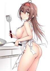 Rule 34 | 1girl, absurdres, alternate hair length, alternate hairstyle, apron, areola slip, blush, breasts, brown hair, cooking, egg (food), food, frilled apron, frills, hair between eyes, hairband, highres, holding, holding spatula, kantai collection, kuromayu, large breasts, long hair, looking at viewer, naked apron, red hairband, shiratsuyu (kancolle), shiratsuyu kai ni (kancolle), sideboob, simple background, smile, solo, spatula, white apron, white background