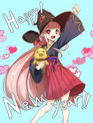 Rule 34 | + +, 1girl, absurdres, arm up, blue background, blush, bow, brown hat, clenched hand, english text, hair bow, happy new year, hat, heart, highres, holding, long hair, long sleeves, new year, ohihil, open mouth, original, pink hair, pointy ears, red bow, smile, solo, sparkling eyes, teeth, tongue, upper teeth only, very long hair, wide sleeves, witch, witch hat
