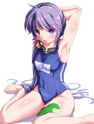 Rule 34 | 10s, 1girl, akebono (kancolle), alternate costume, armpit peek, armpits, arms between legs, bad id, bad nicoseiga id, bare arms, bare legs, barefoot, bell, blue one-piece swimsuit, blush, breasts, chestnut mouth, eyebrows, flower, full body, glasses, goggles, goggles around neck, hair bell, hair flower, hair ornament, highres, jingle bell, kantai collection, long hair, looking at viewer, maimu (gol-em-1226), new school swimsuit, one-piece swimsuit, open mouth, purple eyes, purple hair, school swimsuit, side ponytail, sitting, small breasts, solo, stretched limb, swim cap, swimsuit, thighs, toes, very long hair, wariza