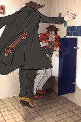 Rule 34 | 2boys, brown hair, coat, corner, false smile, floating, full body, guilty gear, highres, immunzi, levitation, male focus, multiple boys, outstretched arms, parody request, pectoral cleavage, pectorals, photo-referenced, pinned, scared, short hair, slayer (guilty gear), smile, sol badguy, spiked hair, spread arms, standing