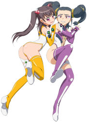 Rule 34 | 00s, 2girls, arched back, ass, black hair, boots, bougainvillea, earrings, elbow gloves, eyeshadow, facial mark, fingerless gloves, gloves, highleg, highleg leotard, horns, jewelry, leg lift, leotard, long hair, looking back, makeup, minarai, mintao, multiple girls, open mouth, pink eyes, purple footwear, purple thighhighs, red eyes, scared, sora wo kakeru shoujo, sugoihi, tears, thigh boots, thighhighs, twintails, yellow thighhighs