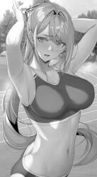 Rule 34 | 1girl, absurdres, armpits, blush, breasts, buruma, butt crack, gentsuki, greyscale, hand in own hair, highres, large breasts, long hair, looking at viewer, monochrome, navel, open mouth, original, outdoors, ponytail, solo, sports bra, sweat, tying hair, very long hair