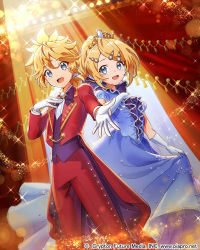 Rule 34 | 1boy, 1girl, ahoge, blazer, blonde hair, blue dress, blue eyes, blurry, bokeh, buttons, copyright notice, curtains, depth of field, dress, elbow gloves, gloves, hair ornament, hair ribbon, hairclip, hand on own chest, high collar, jacket, kagamine len, kagamine rin, light rays, official art, open mouth, outstretched arm, outstretched hand, pearl hair ornament, pearl trim, piapro, red curtains, red jacket, ribbon, sawashi (ur-sawasi), skirt hold, smile, sparkle, stage, stage lights, swept bangs, tiara, vocaloid, white gloves, white ribbon