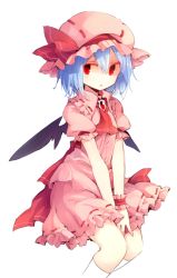 Rule 34 | 1girl, bat wings, blue hair, dress, hat, kazeharu, looking at viewer, red eyes, remilia scarlet, short hair, short sleeves, simple background, skirt, solo, touhou, v arms, white background, wings, wrist cuffs