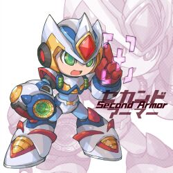 Rule 34 | 1boy, android, arm cannon, commentary, english commentary, english text, green eyes, helmet, highres, iikoao, male focus, mega man (series), mega man x2, mega man x (series), mixed-language commentary, second armor x (mega man), solo, weapon, x (mega man)