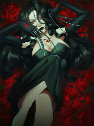 Rule 34 | 1girl, bare shoulders, black dress, black gloves, black hair, black lips, breasts, charmiisan, claws, cleavage, dress, elbow gloves, feet out of frame, flower, fullmetal alchemist, gloves, hair between eyes, highres, large breasts, long hair, looking at viewer, lust (fma), neck tattoo, red eyes, red flower, solo, spider lily, strapless, strapless dress, tattoo
