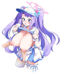 Rule 34 | 1girl, absurdres, blue archive, blue eyes, blue shirt, blush, breasts, clothes lift, commentary request, fon (96nokimihito), full body, hair ornament, hair ribbon, halo, hanae (blue archive), hanae (cheer squad) (blue archive), heart, heart stickers, highres, huge breasts, lifting own clothes, long hair, looking down, nipples, open mouth, purple hair, ribbon, scrunchie, shirt, shirt lift, simple background, smile, solo focus, standing, sticker on face, very long hair, visor cap, white background, white scrunchie, wrist scrunchie