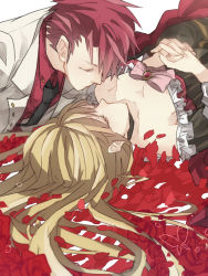 Rule 34 | 1boy, 1girl, alternate hairstyle, beatrice (umineko), blonde hair, bow, breasts, bug, butterfly, choker, cleavage, collarbone, death, dress, closed eyes, formal, frills, hair down, insect, long hair, mix (wkupmix), necktie, no mouth, own hands clasped, own hands together, petals, pink bow, red hair, rose petals, sad, sketch, spoilers, suit, tears, umineko no naku koro ni, ushiromiya battler
