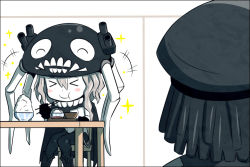 Rule 34 | &gt; &lt;, 10s, 1boy, 1girl, :t, abyssal admiral (kancolle), abyssal ship, admiral (kancolle), admiral suwabe, black hair, blue eyes, bowl, chopsticks, comic, eating, closed eyes, happy, hat, k-suwabe, kantai collection, long hair, military, military uniform, naval uniform, pale skin, rice, rice bowl, sparkle, tentacles, translation request, tray, uniform, wo-class aircraft carrier