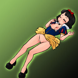 Rule 34 | 1girl, artist request, bare legs, black footwear, black hair, blunt bangs, blush, bottomless, breasts, breasts out, cleft of venus, closed eyes, disney, dress, dutch angle, full body, functionally nude, gradient background, green background, nipples, no bra, no panties, no socks, open clothes, open dress, puffy short sleeves, puffy sleeves, pussy, ribbon, shoes, short hair, short sleeves, simple background, sleeping, small breasts, small nipples, snow white, snow white (disney), snow white and the seven dwarfs, solo, torn clothes, torn dress, uncensored