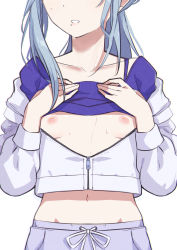 Rule 34 | blouse, blue hair, blue shirt, breasts, breasts out, clothes lift, head out of frame, highres, hinomori shizuku, jacket, long hair, mole, morisobo, nipples, no bra, project sekai, shirt, shirt lift, simple background, small breasts, teeth, white background