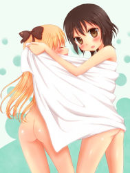 Rule 34 | 2girls, :d, ass, blonde hair, bow, brown eyes, brown hair, covering privates, closed eyes, funami yui, hair bow, long hair, looking at viewer, multiple girls, nude, nude cover, open mouth, sa ioio, short hair, smile, toshinou kyouko, towel, you-1110, yuru yuri