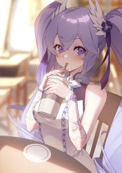 Rule 34 | 1girl, a-soul, azusa hina, bare shoulders, blue eyes, blue hair, blue nails, blurry, blush, breasts, chair, character request, chinese commentary, commentary request, cup, depth of field, dress, drinking, hair between eyes, hands up, highres, holding, holding cup, long hair, looking at viewer, medium breasts, on chair, plate, sitting, solo, table, twintails, white dress