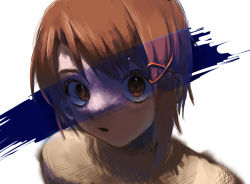 Rule 34 | 1girl, @ @, asymmetrical hair, brown hair, close-up, eyelashes, hair ornament, hairclip, haru 0873999, iwakura lain, looking at viewer, open mouth, parted bangs, raised eyebrows, serial experiments lain, short hair, sidelocks, simple background, single sidelock, solo, spiral, surprised, sweater, white background, wide-eyed, x hair ornament