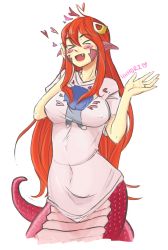 Rule 34 | &gt; &lt;, 1girl, :d, absurdres, ahoge, animal ears, blush stickers, breasts, commentary, commission, cowboy shot, facial mark, fang, hair between eyes, hair ornament, heart, hhhori, highres, jewelry, lamia, large breasts, long hair, miia (monster musume), monster girl, monster musume no iru nichijou, open mouth, pajamas, pink pajamas, pointy ears, red hair, ring, short sleeves, signature, simple background, smile, snake tail, solo, standing, tail, wedding band, white background