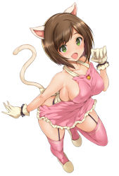 Rule 34 | 10s, 1girl, :d, animal ears, apron, arm at side, bare arms, bare shoulders, bell, blush, bow, breasts, brown hair, cat ears, cat tail, collarbone, covered erect nipples, eyebrows, fang, from above, full body, garter belt, garter straps, gloves, green eyes, highres, idolmaster, idolmaster cinderella girls, jingle bell, kemonomimi mode, leg up, looking at viewer, looking up, maekawa miku, maruwa tarou, medium breasts, naked apron, no bra, open mouth, pink apron, pink thighhighs, red bow, short hair, sideboob, sleeveless, slippers, smile, solo, standing, standing on one leg, tail, tareme, thighhighs, tooth, white gloves