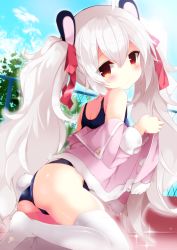 Rule 34 | 1girl, animal ears, ass, azur lane, blue one-piece swimsuit, blue sky, blush, bow, brown eyes, chain-link fence, closed mouth, cloud, commentary request, day, fence, fuuna thise, hair between eyes, hair bow, head tilt, jacket, laffey (azur lane), long hair, long sleeves, looking at viewer, looking to the side, no shoes, off shoulder, one-piece swimsuit, open clothes, open jacket, outdoors, pink jacket, rabbit ears, red bow, school swimsuit, sidelocks, silver hair, sky, soles, solo, swimsuit, thighhighs, thighs, twintails, undressing, very long hair, white thighhighs
