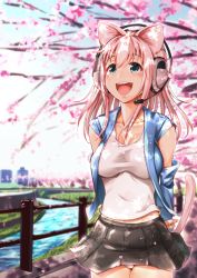 Rule 34 | 1girl, :d, animal ears, arms behind back, black skirt, blue eyes, blue jacket, blurry, blurry background, blush, breasts, cat ears, cat tail, cherry blossoms, collarbone, cowboy shot, detached sleeves, ganari ryuu, hanami, headphones, headset, highres, impossible clothes, impossible shirt, jacket, large breasts, long hair, looking afar, midriff, midriff peek, miniskirt, open clothes, open jacket, open mouth, original, outdoors, panties, pantyshot, pink hair, railing, river, shirt, skirt, sleeveless, sleeveless shirt, smile, solo, standing, sunlight, super tama musume, tail, tamatoys, taut clothes, taut shirt, branch, underwear, upskirt, white panties, white shirt, wind, wind lift