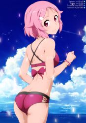 Rule 34 | 1girl, ass, bare arms, bikini, blue sky, bracelet, closed mouth, cloud, day, freckles, hair ornament, hairclip, head tilt, highres, jewelry, lisbeth (sao), looking at viewer, looking back, ocean, outdoors, pink hair, red bikini, red eyes, short hair, shoulder blades, shugo19, signature, sky, smile, solo, swimsuit, sword art online, watermark