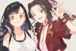 Rule 34 | 2girls, aerith gainsborough, black gloves, black hair, blush, breasts, brown hair, dress, earrings, elbow gloves, final fantasy, final fantasy vii, final fantasy vii remake, fingerless gloves, fujie-yz, gloves, green eyes, grey hair, hair ribbon, highres, jewelry, large breasts, long hair, looking at viewer, multiple girls, necklace, open mouth, pink dress, pink ribbon, ponytail, red eyes, ribbon, short sleeves, sidelocks, simple background, small breasts, sports bra, square enix, swept bangs, tank top, tifa lockhart, upper body, w, white tank top