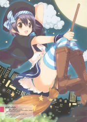 Rule 34 | 1girl, absurdres, ass, broom, broom riding, brown eyes, cloud, earrings, flying, highres, jewelry, moon, panties, purple hair, qp:flapper, qp flapper, ribbon, short hair, solo, striped clothes, striped thighhighs, thighhighs, underwear