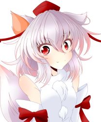 Rule 34 | 1girl, animal ears, bare shoulders, blush, breasts, detached sleeves, fang, hat, highres, inubashiri momiji, looking at viewer, medium breasts, muumuu (sirufuruteienn), pom pom (clothes), red eyes, ribbon-trimmed sleeves, ribbon trim, shirt, short hair, silver hair, simple background, sleeveless, sleeveless shirt, smile, solo, tail, tokin hat, touhou, turtleneck, upper body, white background, white shirt, wolf ears, wolf tail