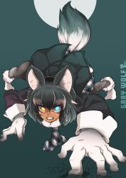 Rule 34 | 1girl, absurdres, angry, animal ears, aqua background, blue eyes, bright pupils, character name, clenched teeth, crack, cracked floor, eyelashes, fur collar, gloves, gradient background, gradient hair, grey hair, grey jacket, grey pantyhose, grey wolf (kemono friends), hair between eyes, heterochromia, highres, jacket, kemono friends, long sleeves, miniskirt, multicolored hair, necktie, pantyhose, plaid, plaid necktie, plaid skirt, sakumochi (pixiv4431677), sharp teeth, short hair, skirt, sleeve cuffs, solo, tail, teeth, two-tone hair, v-shaped eyebrows, white gloves, white hair, white pupils, wolf ears, wolf girl, wolf tail, yellow eyes