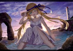 Rule 34 | 1girl, absurdres, artoria caster (fate), artoria pendragon (fate), bare shoulders, beach, blonde hair, blue sky, blush, breasts, collarbone, dress, fate/grand order, fate (series), gradient sky, green eyes, hat, highres, lighthouse, long hair, looking at viewer, ocean, one eye closed, orange sky, shore, sitting, sky, small breasts, smile, solo, straw hat, sunset, thighs, toukan, twintails, white dress