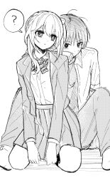 1boy 1girl ? alternate_costume alternate_height asymmetrical_sidelocks behind_another between_legs blazer blush bow bowtie closed_mouth collared_shirt contemporary covering_own_mouth cross-shaped_pupils disheveled eyelashes furrowed_brow genshin_impact half_crown_braid hand_between_legs hand_over_own_mouth highres jacket kocokooo lapels layered_sleeves long_sleeves looking_at_another looking_back monochrome nahida_(genshin_impact) open_clothes open_jacket open_shirt pants pleated_skirt scaramouche_(genshin_impact) school_uniform seiza shirt sitting sitting_between_lap skirt spoken_question_mark spread_legs sweatdrop symbol-shaped_pupils undershirt