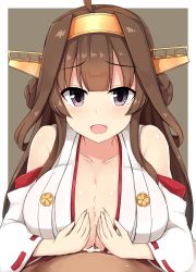Rule 34 | 10s, 1girl, :d, ahoge, bad id, bad pixiv id, bare shoulders, blunt bangs, blush, breasts, brown background, brown hair, collarbone, cum, cum on body, cum on breasts, cum on upper body, double bun, girl on top, hair bun, headgear, highres, japanese clothes, kantai collection, kimono, kongou (kancolle), large breasts, nontraditional miko, ocha (ochappie), open mouth, paizuri, pob, purple eyes, raised eyebrows, red ribbon, ribbon, ribbon-trimmed sleeves, ribbon trim, shiny skin, simple background, sleeveless, sleeveless kimono, smile, solo focus, upper body