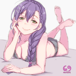 Rule 34 | 10s, 1girl, barefoot, black bra, black panties, blush, bra, braid, breasts, cleavage, feet, feet up, full body, green eyes, hair ornament, hair over shoulder, hairclip, jewelry, large breasts, leg up, long hair, looking at viewer, love live!, love live! school idol project, lying, on stomach, othel (hatimorris), panties, plantar flexion, purple hair, ring, simple background, sketch, smile, soles, solo, the pose, tojo nozomi, underwear, white background