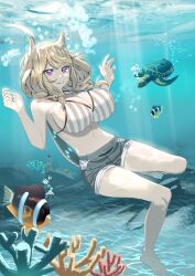 Rule 34 | absurdres, air bubble, animal ear fluff, animal ears, aqua nails, arknights, bikini, blonde hair, braid, braided ponytail, breasts, bubble, caustics, closed mouth, coral, fang, fingernails, fish, freediving, full body, highres, large breasts, long fingernails, nail polish, navel, ocean, puritijiiji, purple eyes, sea turtle, seafloor, short shorts, shorts, skin fang, smile, solo, striped bikini, striped clothes, swimsuit, tail, toenails, turtle, twin braids, underwater, utage (arknights), utage (summer flowers) (arknights), vertical-striped bikini, vertical-striped clothes