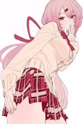 Rule 34 | 1girl, bow, bowtie, brown cardigan, cardigan, hair ribbon, hand on own face, hand on own thigh, highres, long hair, long sleeves, looking at viewer, low ponytail, nijisanji, obihironn, plaid, plaid skirt, pleated skirt, raised eyebrow, red bow, red bowtie, red eyes, red ribbon, red skirt, ribbon, shiina yuika, shiina yuika (1st costume), shirt, simple background, sketch, skindentation, skirt, solo, thighs, very long hair, virtual youtuber, white background, white hair, white shirt