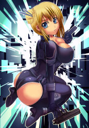 Rule 34 | 10s, 1girl, absurdres, alec, ass, blonde hair, blue eyes, bodysuit, boots, breasts, cleavage, female focus, from behind, gun, hair bun, hair ornament, high heel boots, high heels, highres, large breasts, looking at viewer, looking back, nancy lee, ninja slayer, open mouth, parted lips, shiny skin, sideboob, sidelocks, single hair bun, solo, weapon