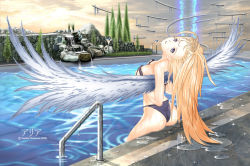 Rule 34 | 1girl, angel, ass, bikini, blonde hair, copyright request, covering privates, covering breasts, feathered wings, floating, floating object, from behind, hayden mackenzie, haydenm, head back, long hair, looking at viewer, looking back, pool, purple bikini, purple eyes, refraction, ripples, sky, smile, solo, spread wings, sunrise, swimsuit, tree, wet, white wings, wings