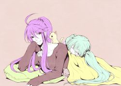 1boy 1girl ahoge aqua_hair bad_id bad_pixiv_id cat closed_eyes hatsune_miku kamui_gakupo kiyozumi long_hair lying on_stomach pillow ponytail purple_hair sleeping smile twintails vocaloid