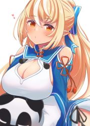 Rule 34 | 1girl, bare shoulders, blonde hair, blurry, blush, bow, breasts, cleavage, dark-skinned female, dark skin, depth of field, elf, hair bow, heart, highres, hololive, kintsuba (shiranui flare), large breasts, long hair, looking at viewer, pointy ears, ponytail, red eyes, sasaki (glass1138), shiranui flare, shiranui flare (old design), solo, upper body, virtual youtuber