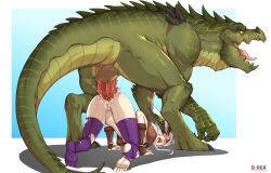 Rule 34 | 1boy, 1girl, anal, artist name, ass, breasts, bridal gauntlets, colored skin, d-rex, green skin, hetero, huge penis, monster, no shoes, open mouth, original, penis, pink theme, pussy, rape, sex, shiny skin, small breasts, teeth, testicles, thighhighs, tongue, tongue out, top-down bottom-up, torn clothes, torn thighhighs, yellow eyes