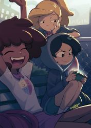 Rule 34 | 3girls, amphibia, anne boonchuy, bench, black hair, blonde hair, colo (nagrolaz), dark-skinned female, dark skin, dated, drawstring, closed eyes, fence, glowing, hair ornament, hairclip, handheld game console, highres, hood, hood up, knees up, marcy wu, mole, mole under eye, multiple girls, open mouth, outdoors, purple skirt, sasha waybright, shirt, signature, sitting, skirt, smile, white shirt